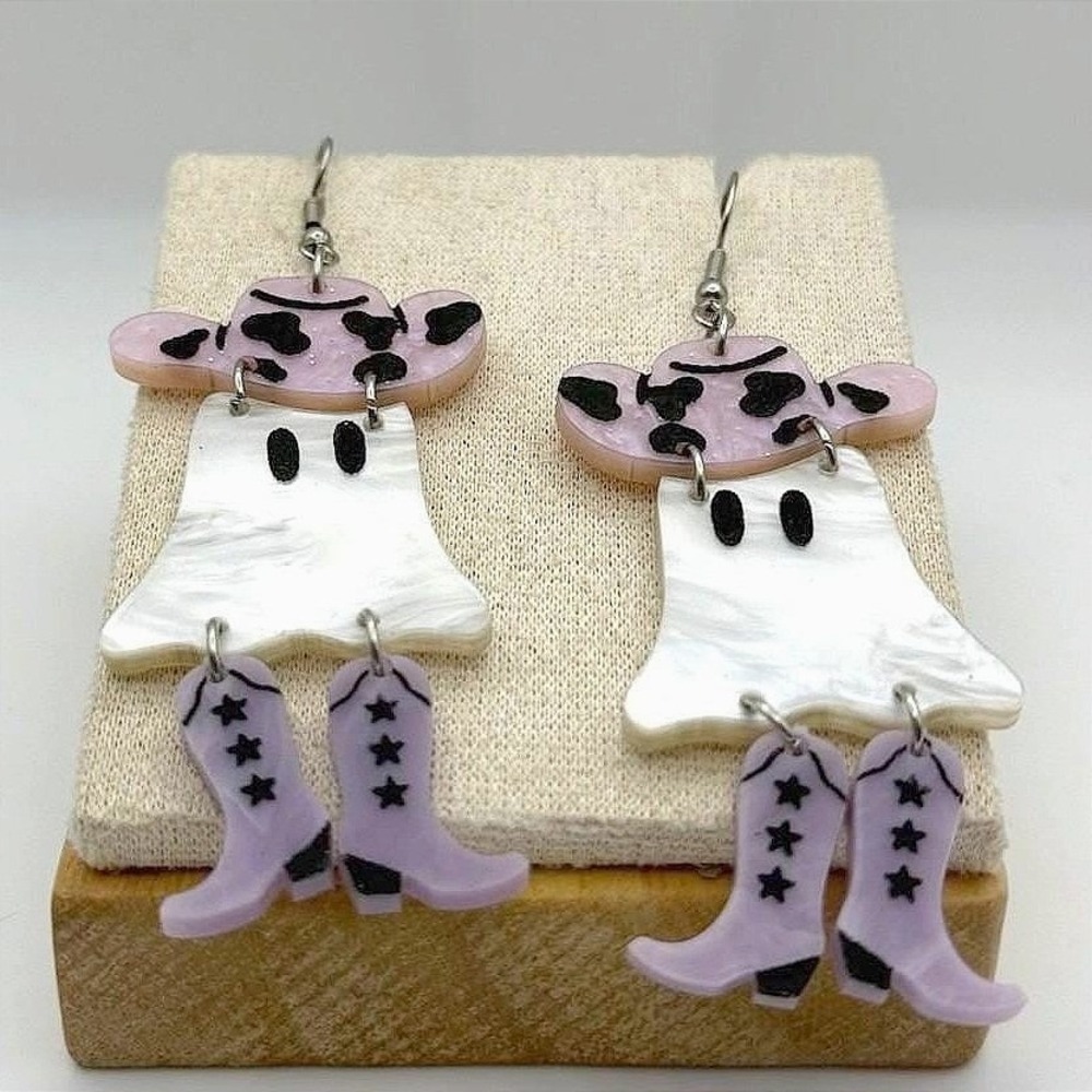 Vintage Purple Cowboy Boots Trendy Kitsch Acrylic‎ Ghost Shaped Cowgirl Earrings